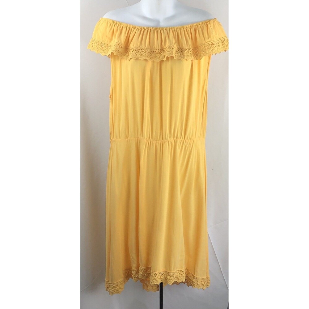 Vintage Off Shoulder Midi Dress XL Yellow Ruffle Lace Boho Gypsy Cottage Summer